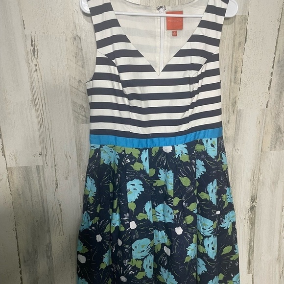Modcloth Retro Nautical Striped Lilypad Print A-Line Dress Size Large Pockets - Picture 2 of 10